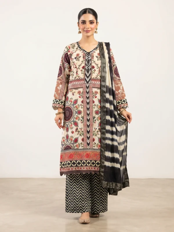 Black and ivory printed linen viscose suit for women front view