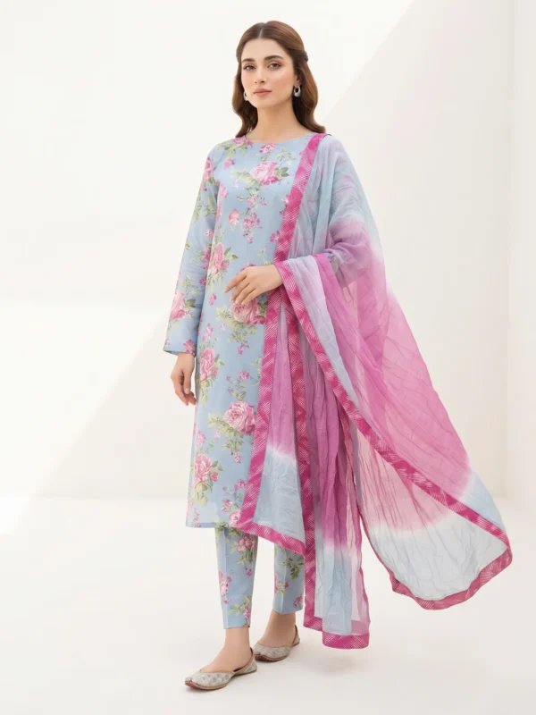 Unstitched linen viscose 3 piece suit with blue floral print and pink gradient dupatta