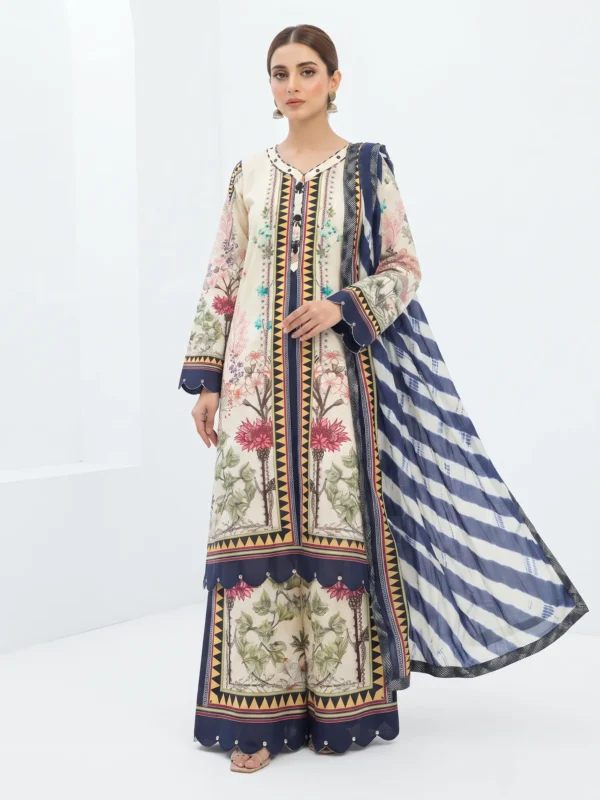 Linen Viscose Stitched 3 Piece Suit for women in black and ivory floral print with matching dupatta