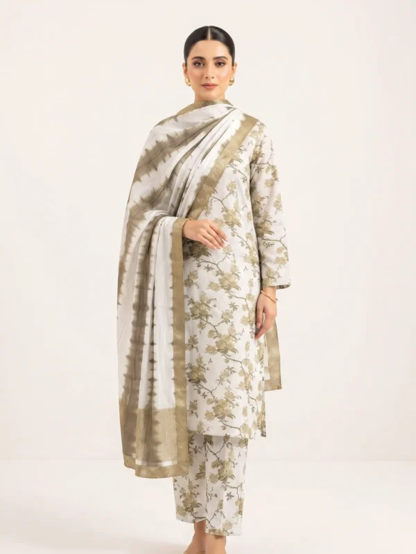 Ivory and gold floral unstitched linen viscose suit for women