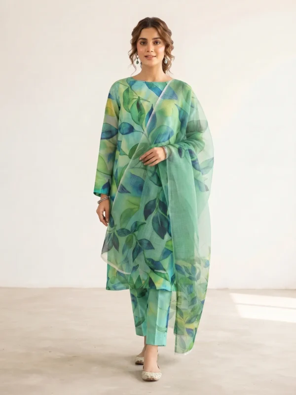 Green linen viscose unstitched 3 piece suit with botanical leaf print front view