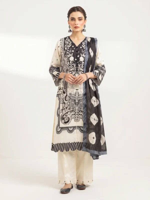 Stitched 3 piece suit in linen viscose with black and ivory print